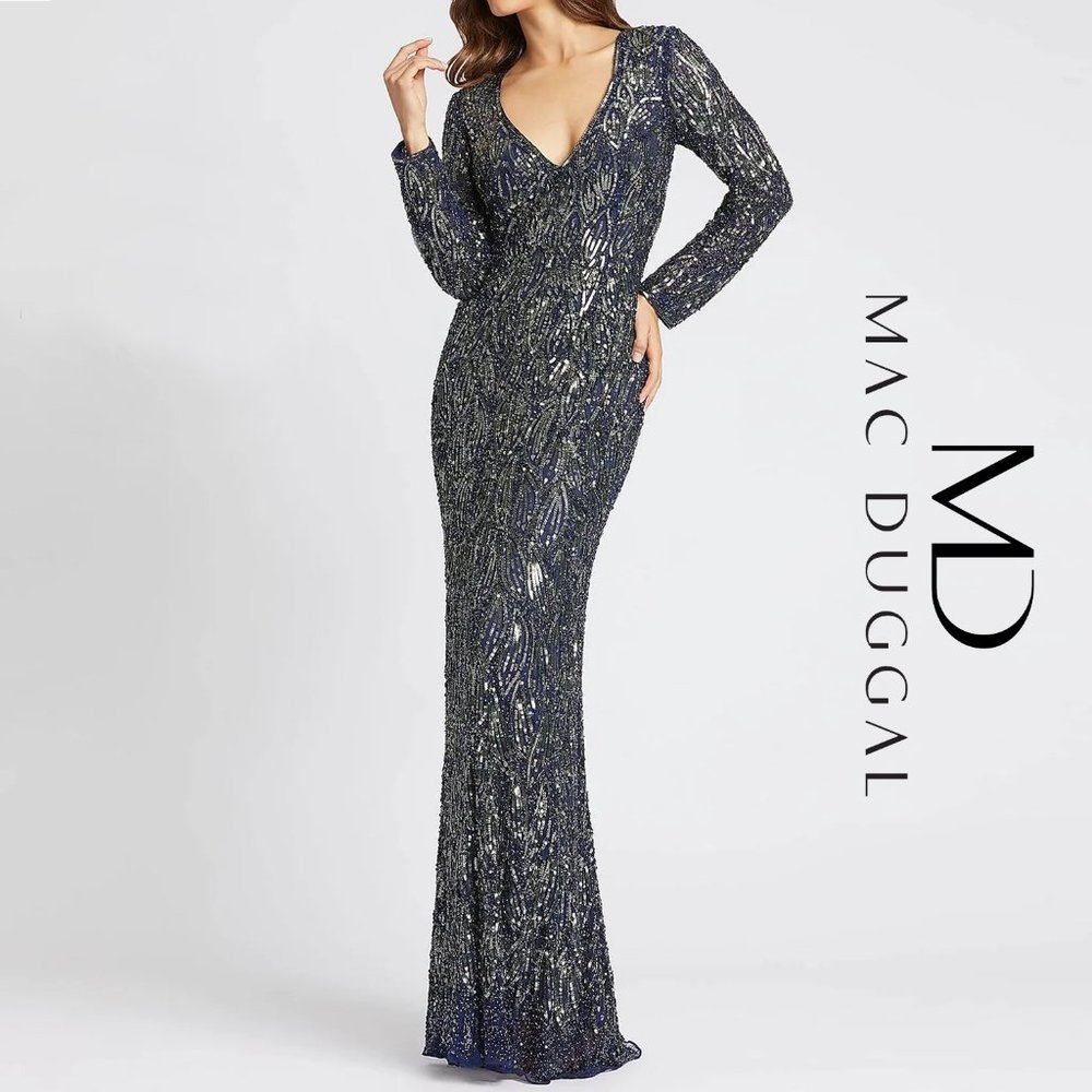 MAC DUGGAL Embellished Long Sleeve V-Neck Evening Gown (Navy)